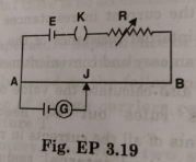 AB is a potentiometer wire (Fig. 3.19). If the value of R is increased, iin which direction will the balance point J shift?