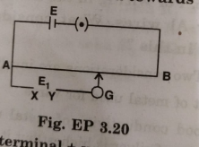 While doing an experiment with potentiometer (Fig. EP 3.20) it was found that the deflection is one sided and  the deflection decreased while moving from one end A of the wire to the end B  the deflection increased while the jockey was moved towards the end B.  Which terminal of the cell E1 is connected at x in case (ii)?