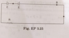 Two cells of the same e.m.f. E but internal resistance r1 and r2 are connected in series to an external resistor R (fig. EP 3.25). What should be the value of R so that the potential difference across the terminals of the first cell becomes zero?