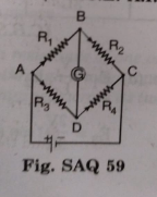 The given figure shows the network of resistance R1, R2, R3 and R4. Using Kirchhoff's laws, establish the balanced condition for the network.