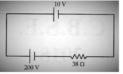 A 10 V cell of negligible internal resistance is connected in parallel across a battery of emf 200 V and internal resistance 38 Omega as shown in the figure. Find the value of current in the circuit.