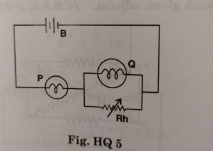 The circuit shown in the diagram contains battery B, a rheostat Rh.and the identical lamps P and Q. what will happen to the brightness of the lamps, if the resistance through the rheostat is increased? Give reasons.