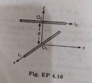 Two long wires carrying current I1 and I2 are arranged as shown in Fig. EP 4.16. The one carrying current I1 is along the x-axis. The other carrying current I2 is along a line parallel to the y-axis given by x =0 and z=d. Find the force exerted at O2 because of the wire along the x-axis.