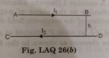 A horizontal wire AB of length 'l' and mass 'm' carries a steady current I1, free to move in vertical plane is in equilibrium at a heigh of 'h' over another parallel long wire CD carrying a steady current I2, which is fixed in a horizontal plane as shown. Derive the expression for the force acting per unit length on the wire AB and write the condition for which wire AB is in equilibrium.