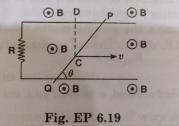 Find the current in the wire for the configuration shown in Fig. EP 6.19. Wire PQ has negligible resistance. B is the magnetic field is coming out of the paper theta is a fixed angle made by PQ travelling smoothly over two conducting paralel wire separated by a distance d.