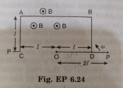 ODBAC is a fixed rectangular conductor of negligible resistance (CO is not connected) and OP is a conductor which rotates clockwise with an angular velocity omega [Fig EP 6.24]. The entire system is in a uniform megnetic field B whose direction is along the normal to the surface of the rectangular conductor ABDC. The condutor OP is in electric contact with ABDC. The rotating conductor has a resistance of lambda per unit length. Find the current in the rotating conductor, as it rotates by 180.