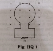 The magnetic flux passing perpendicular to the plane of the coil and directed into the paper is varying according to the relation phi=6t^2 +7t+1  Where phi is in milliweber and t is in seconds. What is the direction of current through resistor R?