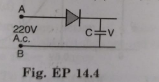 A 220 V A.C. supply is connected between points A and B (Fig. EP. 14.4). What will be the potential difference v across the capacitor?