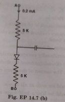 In the circuit shown in Fig. EP. 14.7, if the diode forward voltage drop is 0.3 V, the voltage differnece between A and B is