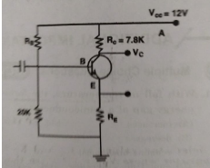 For the transistor circuit show in figure evaluate VE, RB, RE given Ic=1mA, V(CE)=3V, V(BE)=0.5V and V(CC)=12V. beta=100.