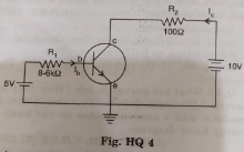 A silicon transistor amplifier circuit is given below. If current amplification factor beta=100, determine  Base current Ib. Take voltage drop between base and emitter as 0.7 V.