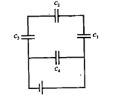 A network of four capacitors of edacity equal to c1=c,c2=2c,c3=3c and c4=4c are connected to a battery as in figure. The ratio of the chaises on c2 and c4 is: