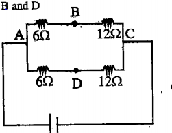 In the circuit shown below, the potential difference between the points B and D