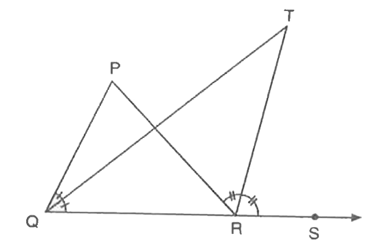आकृति में, DeltaPQR की भुजा QR  को बिंदु S  तक बढ़ाया गया है।  यदि anglePQR और anglePRS के समद्विभाजक  बिंदु T  पर मिलते हैं, तो सिद्ध कीजिए कि angleQTR=1/2angleQPR है।