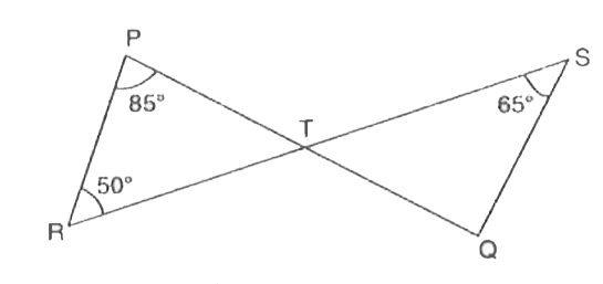 आकृति में , यदि रेखाएँ PQ  और RS बिंदु T  पर इस प्रकार प्रतिच्छेद करती हैं कि anglePRT=50^(@), angleRPT=85^(@) और angleTSQ=65^(@) है, तो angleSQT  ज्ञात कीजिए।