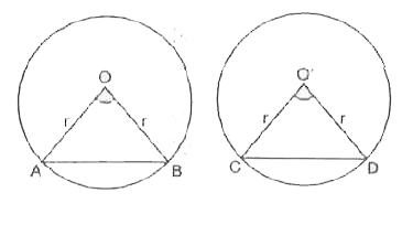 आकृति में आपको दो वृत्त क्रमशः C(O, r) और C(O' r) दिए गए हैं| यदि उनकी संगत जीवाओं की लम्बाइयों में 1:1 का अनुपात हो तो उनके संगत केंद्रों में अंतरिक कोणों का अनुपात ज्ञात कीजिए |