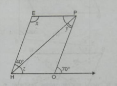 संलग्न आकृति HOPE एक समांतर चतुर्भुज है। x, y और z कोणों की माप ज्ञात कीजिए। ज्ञात करने में प्रयोग किए गए गुणों को बताइए ।