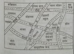 एक नगर के दिए हुए मानचित्र को देखिए। निम्नलिखित प्रश्न के उत्तर दीजिए :    इस मानचित्र में इस प्रकार रंग भरिए :
नीला-जल, लाल- फायर स्टेशन, नारंगी- लाइब्रेरी, पीला स्कूल,हरा-पार्क, गुलाबी -कॉलेज, बैंगनी- अस्पताल , भूरा- कब्रिस्तान ।