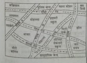 एक नगर के दिए हुए मानचित्र को देखिए। निम्नलिखित प्रश्न के उत्तर दीजिए :     लाइब्रेरी से बस डिपो एक छोटा सड़क मार्ग लाल रंग से खींचिए |