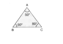 Delta  ABC में,  angle A = 50^(@), angle B = 50^(@) और angle C = 80^(@)।   इस त्रिभुज की कौन-सी दो भुजाएँ बराबर हैं ?