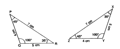 आकृति में दो त्रिभुजें POR और XYZ खींची गई है। उनकी भुजाओं और कोणों के माप भी दर्शाए गए हैं। ज्ञात कीजिए कि निम्नलिखित कथन सत्य हैं या असत्य |      Delta PQR~= DeltaZYX