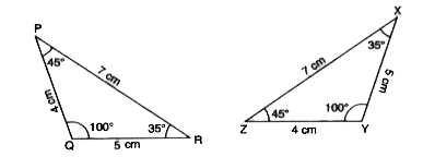 निम्न आकृति में दो त्रिभुजों  PQR और XYZ बनाए गए है। उनकी भुजाओं और कोणों के माप भी दर्शाए गए हैं। ज्ञात कीजिए कि निम्नलिखित कथन सत्य हैं या असत्य :   DeltaPQR~=DeltaYXZ