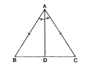आकृति में AB = AC और AD, angleBAC को समद्विभाजित करता है।      त्रिभुजों ADB और ADC में बराबर भागों के तीन युग्मों को बताइए।