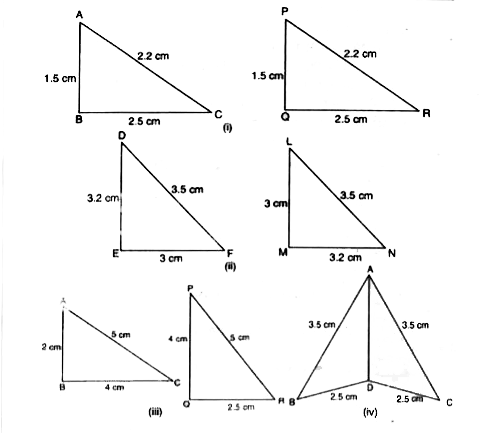 आकृति में, त्रिभुजों की भुजाओं की लंबाइयाँ दर्शाई गई है। SSS सर्वांगसमता प्रतिबंध का प्रयोग करके बताइए कि कौन-कौन से त्रिभुज-युग्म सर्वांगसम हैं। सर्वांगसमता की स्थिति में उत्तर को सांकेतिक रूप में लिखिए।
