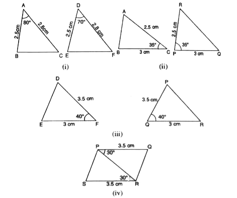 आकृति में, त्रिभुजों के युग्मों में कुछ भागों की माप अंकित की गई है। SAS सर्वांगसमता प्रतिबंध का उपयोग करके, इनमें वे युग्म छाँटिए जो सर्वांगसम हैं। सर्वांगसम त्रिभुजों की स्थिति में उन्हें सांकेतिक रूप में भी लिखिए।