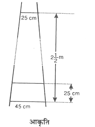 एक सीढ़ी के क्रमागत डंडे परस्पर 25 cm की दूरी पर हैं ( देखिए आकृति 5.7)। डंडों की लंबाई एक समान रूप से घटती जाती हैं तथा सबसे निचले डंडे की लंबाई 45 cm है और सबसे ऊपर वाले डंडे की लंबाई 25 cm है। यदि ऊपरी और निचले डंडे के बीच की दूरी2(1)/(2)m है, तो डंडों को बनाने के लिए लकड़ी की कितनी लंबाई की आवश्यकता होगी?