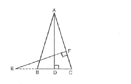 आकृति में , AB = AC वाले , एक समद्विबाहु त्रिभुज ABC की बढ़ाई गई भुजा CB पर स्थित E एक बिंदु है । यदि AD bot BC और EF bot AC है , तो सिद्ध कीजिए कि DeltaABD ~ DeltaECF है ।