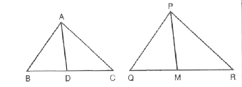 एक त्रिभुज ABC की भुजाएँ AB और BC तथा माध्यिका AD एक अन्य त्रिभुज POR की क्रमश : भुजाओं PQ और QR तथा माध्यिका PM के समानुपाती हैं ( देखिए आकृति ) । दर्शाइए कि DeltaABC ~ DeltaPQR है |