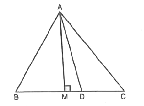 आकृति में AD त्रिभुज ABC की एक माध्यिका है तथा AM bot BC है सिद्ध कीजिए कि :   (i) AC^2=AD^2+BC.DB+(frac{BC}{2})^2   (ii) AB^2=AD^2-BC.DM+(frac{BC}{2})^2   (iii) AC^2+AB^2=2AD^2+frac{BC}{2}^2