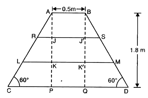 दी गई आकृति में , ABCD एक समलंब है जिसमें AB || CD है । AB के समांतर रेखाखंड RS और LM इस प्रकार हैं कि AJ = JK = KP हैं । यदि AB = 0.5 m और AP = BQ = 1.8 m हो , तो AC , BD , RS और LM की लंबाइयाँ ज्ञात कीजिए ।