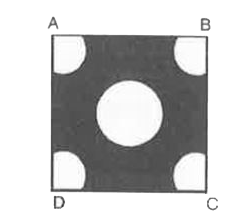 भुजा 4cm वाले एक वर्ग के प्रत्येक  कोने से  त्रिज्या वाले वृत का एक चतुर्भुज काटा गया है तथा  बीच में 2cm व्यास का एक वृत भी काटा गया है। जैसा की आकृति में दर्शया गया है।  वर्ग के शेष भाग क्षेत्रफल ज्ञात कीजिए।