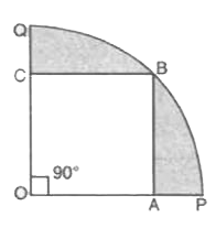 आकृति में, एक चतुर्थांश OPBQ  कि अंर्तगत एक वर्ग OABC बना हुआ हैं।यदि OA=20cm है। तो छायांकित भाग का क्षैत्रफल ज्ञात कीजिए। (PI=3.14 कीजिये )