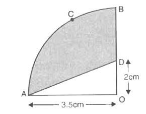 आकृति में, OACB वृत्त का चतुर्थाशा है। जहाँ O वृत्त का केंद्र है और वृत्त की त्रिज्या 3.5cm है।  2).ADBC वृत्त के छायांकित भाग का क्षेत्रफल ज्ञात कीजिए।