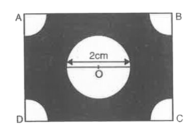ABCD, 4Ccm भुजा वाला एक वर्ग हैं। प्रत्येक कोनो के केंद्र लेकर वृत की एक चतुर्थांश खींचा और आकृति में दिखया अनुसार केंद्र पर 1cm त्रिज्या का वृत खीचा गया हैं। छायांकित भाग का  क्षेत्रफल ज्ञात कीजिए।