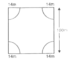 एक वर्गाकार पार्क की प्रत्येक भुजा 100m चौड़ी है।  पार्क के प्रत्येक कोने पर 14 m त्रिज्या वाली फूलो की एक क्यारी वृत के चतुर्थांश के आकार की बनाई ग।  शेष  पार्क का क्षेत्रफल ज्ञात कीजिए।