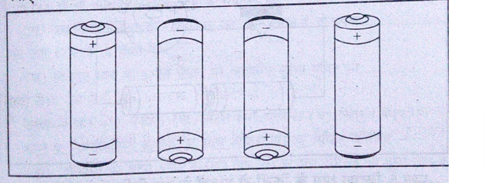 चित्र में चार सेल दिखाए गए हैं। रेखाएँ खींचकर यह निर्दिष्ट कीजिए
कि चार सेलों के टर्मिनलों को तारों द्वारा संयोजित करके आप बैटरी कैसे
 बनाएँगे?