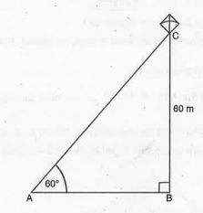 A kite is flying at a height of 60 m above the ground. The string attached to the kite is temporarily tied to a point on the ground. The inclination of the string with the sound is 60 °. Find the length of the string, assuming that there is no slack in the string.