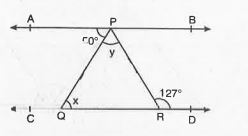 In fig.  , if AB || CD, angleAPQ = 50^@ and anglePRD = 127^@ then values of x and y are :