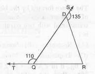 In fig.  , the sides QP and RQ of a DeltaPQR are produced to points S and T respectively. If angleSPR = 135^@ and anglePQT = 110^@ then the value of anglePRQ is :