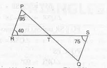 In fig.  , if lines PQ and RS intersect each other at point T such that anglePRT = 40^@, angleRPT = 95^@ and angleTSQ = 75^@ then the value of angleSQT is :