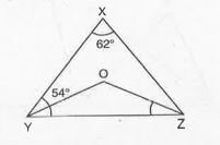 In the given fig.   angleX = 62^@, angleXYZ = 54^@. If YO and ZO are the bisectors of angleXYZ and angleXZY respectively of DeltaXYZ, find angleOZY and angleYOZ.