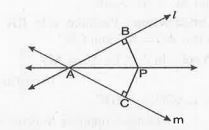 P is a point equidistant from two lines l and m intersecting at point A (see Fig.  ). Show that the line AP bisects angleBAC.