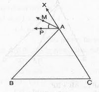 In given Fig.  , ABC is a triangle with base BC. If the base angles of DeltaABC are 75^@ and 55^@, state which of two is 75^@ ? If AM bisects the exterior angle angleBAX and AP II CB find angleMAP.