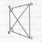ABCD is a quadrilateral in which AD = BC and angleDAB = angleCBA. If DeltaABD ~= DeltaBAC what is the relation between angleABD and angleBAC ?