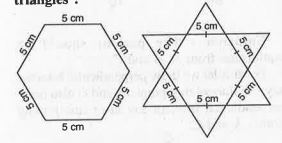 Complete the hexagonal rangoli and the star Rangolies (see Figs.  ) by filling them with as many equilateral triangles of side 1 cm as you can. Count the number of triangles in each case. Which has more triangles ?