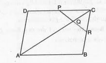 In Fig.  , ABCD is a parallelogram in which P is the mid-point of DC and Q is a point on AC such that CQ = 1/4AC. If PQ produced meets BC at R, prove that R is a mid-point of BC.